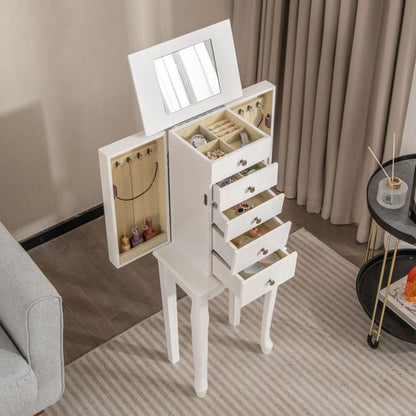 Standing Jewelry Cabinet with Hinged Mirror &amp; 4 Drawers 8 Necklace Hooks &amp; 2 Shelves White