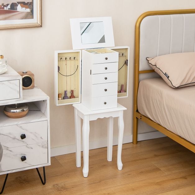 Standing Jewelry Cabinet with Hinged Mirror &amp; 4 Drawers 8 Necklace Hooks &amp; 2 Shelves White
