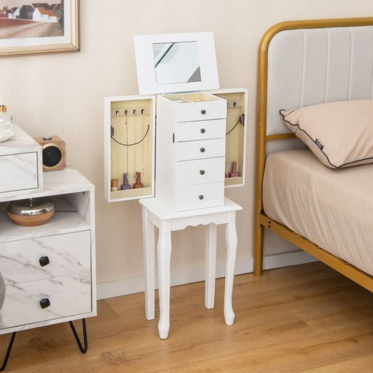 Standing Jewelry Cabinet with Hinged Mirror &amp; 4 Drawers 8 Necklace Hooks &amp; 2 Shelves White