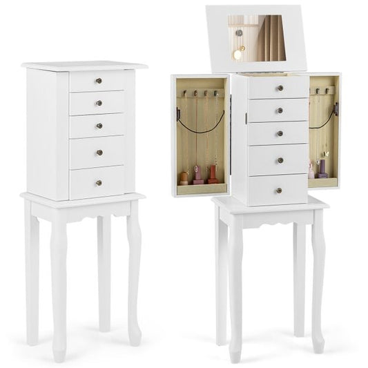 Standing Jewelry Cabinet with Hinged Mirror &amp; 4 Drawers 8 Necklace Hooks &amp; 2 Shelves White