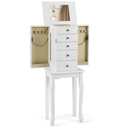 Standing Jewelry Cabinet with Hinged Mirror &amp; 4 Drawers 8 Necklace Hooks &amp; 2 Shelves White