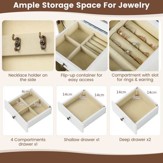 Standing Jewelry Cabinet with Hinged Mirror &amp; 4 Drawers 8 Necklace Hooks &amp; 2 Shelves White