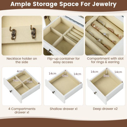 Standing Jewelry Cabinet with Hinged Mirror &amp; 4 Drawers 8 Necklace Hooks &amp; 2 Shelves White