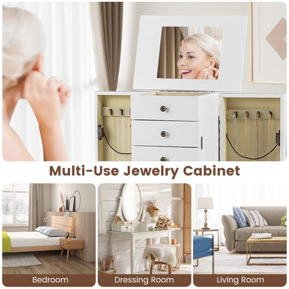 Standing Jewelry Cabinet with Hinged Mirror &amp; 4 Drawers 8 Necklace Hooks &amp; 2 Shelves White