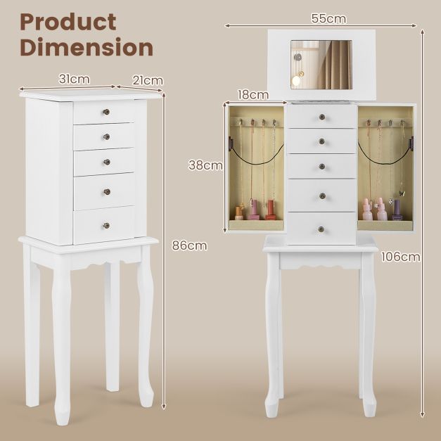 Standing Jewelry Cabinet with Hinged Mirror &amp; 4 Drawers 8 Necklace Hooks &amp; 2 Shelves White