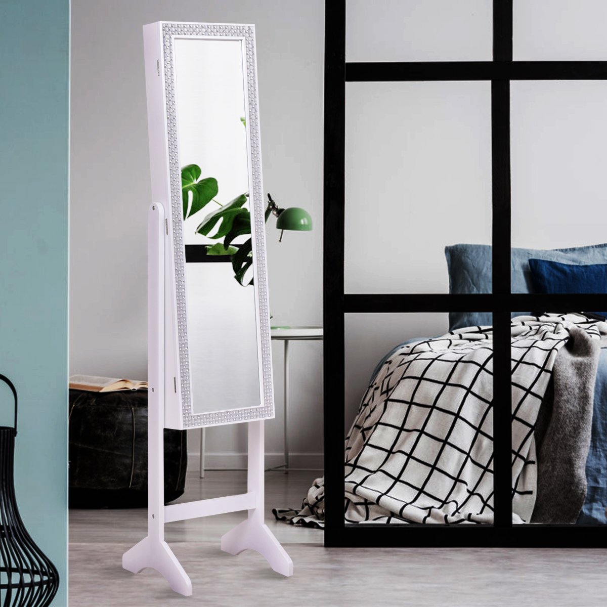 Freestanding Jewelry Cabinet Armoire with Full-Length Mirror-White