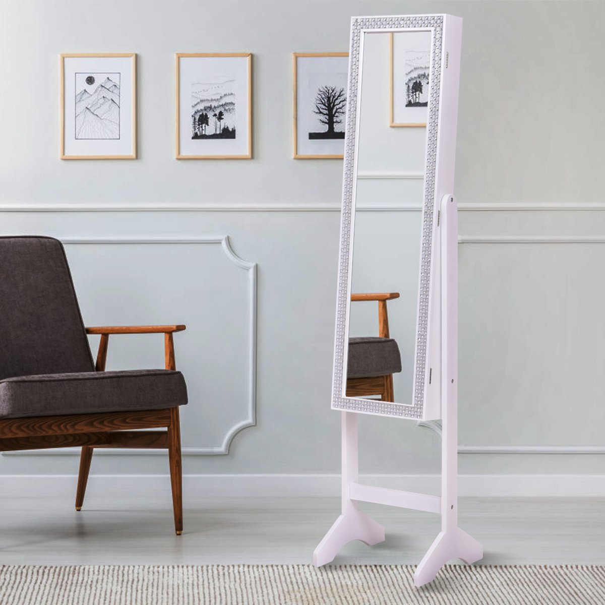 Freestanding Jewelry Cabinet Armoire with Full-Length Mirror-White