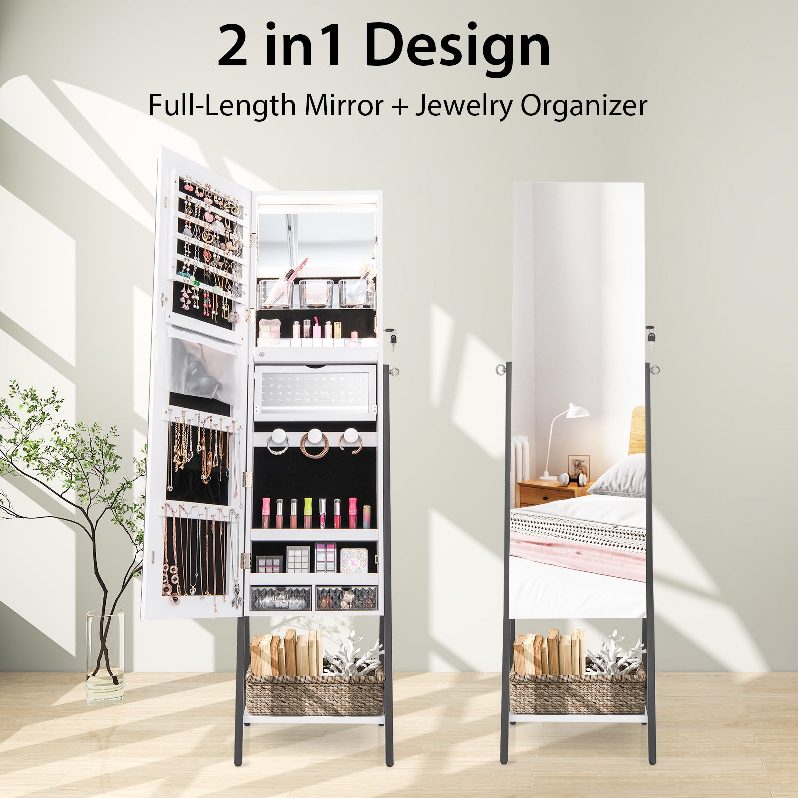 Lockable Floor Jewelry Armoire Organizer with Full-Length Mirror-White
