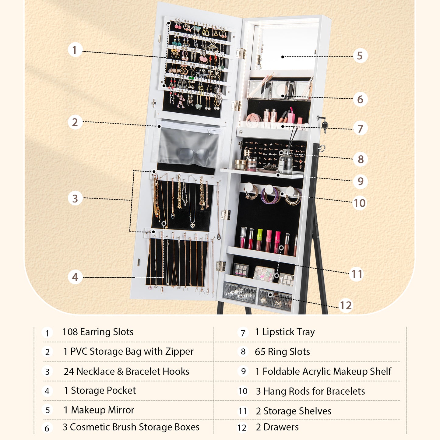 Lockable Floor Jewelry Armoire Organizer with Full-Length Mirror-White