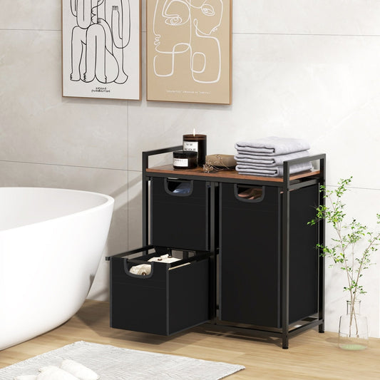 Freestanding Laundry Hamper Laundry Basket with 3 Pull-Out Bags-Black & Brown