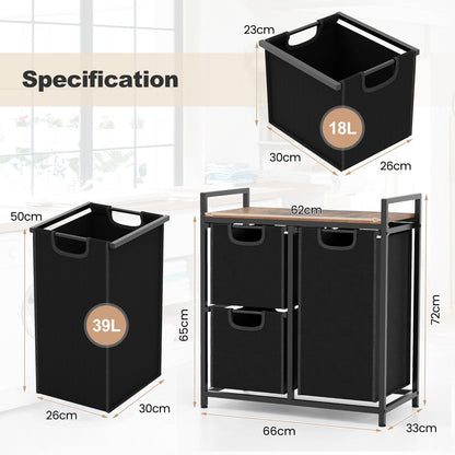 Freestanding Laundry Hamper Laundry Basket with 3 Pull-Out Bags-Black & Brown