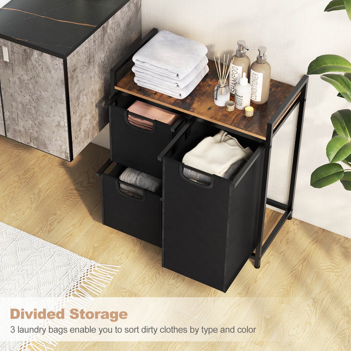 Freestanding Laundry Hamper Laundry Basket with 3 Pull-Out Bags-Black & Brown