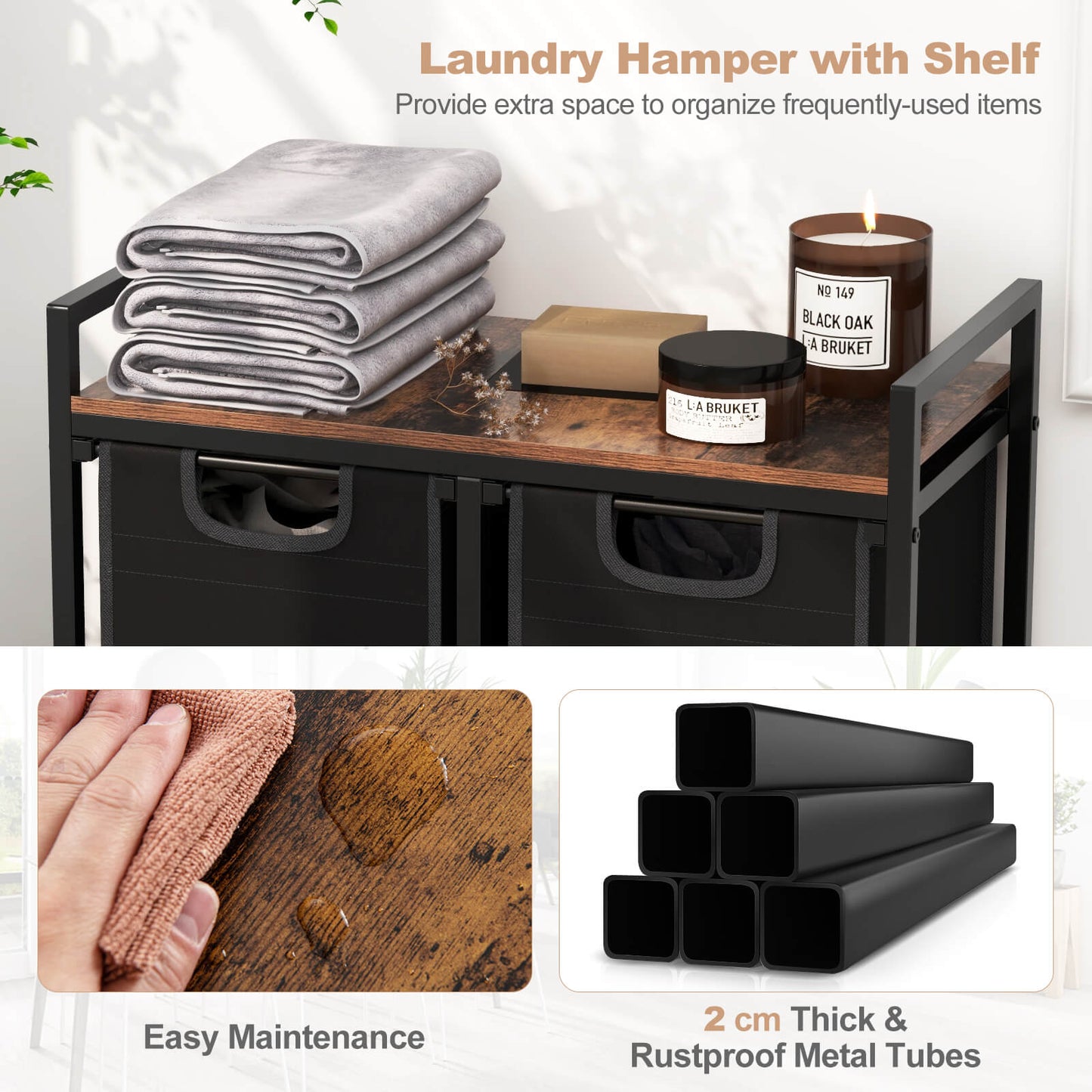 Freestanding Laundry Hamper Laundry Basket with 3 Pull-Out Bags-Black & Brown