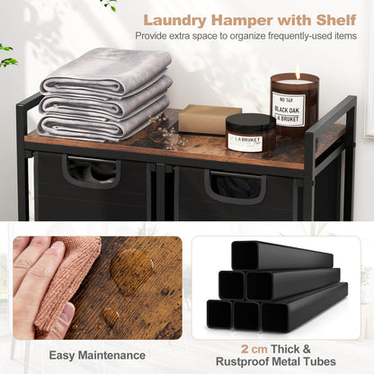 Freestanding Laundry Hamper Laundry Basket with 3 Pull-Out Bags-Black & Brown