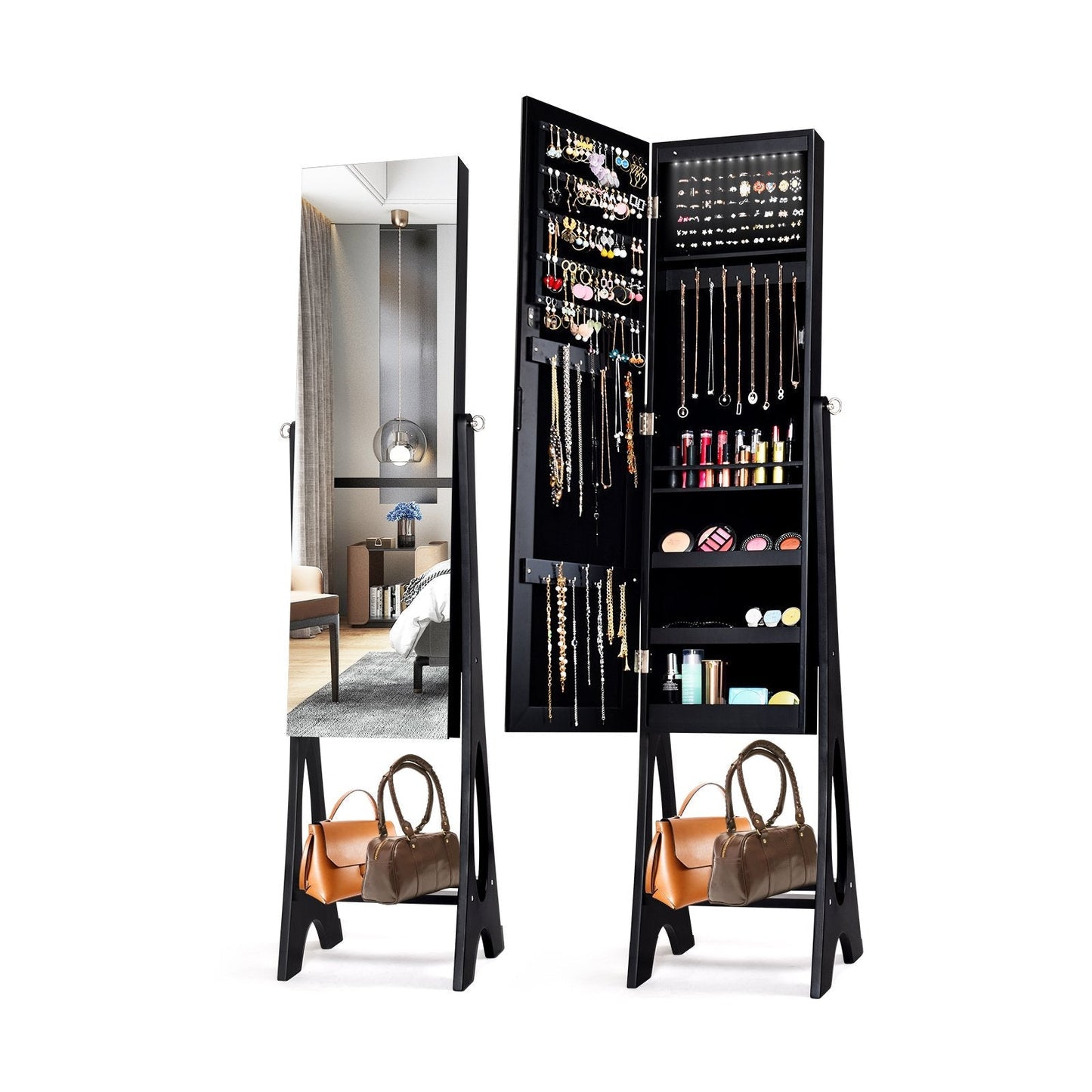 Freestanding Mirror Jewelry Cabinet with Full Length Frameless Mirror-Black