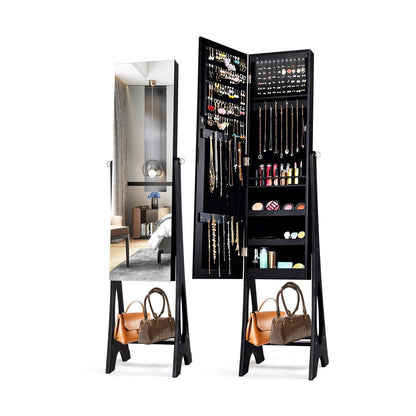 Freestanding Mirror Jewelry Cabinet with Full Length Frameless Mirror-Black