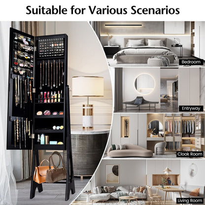 Freestanding Mirror Jewelry Cabinet with Full Length Frameless Mirror-Black