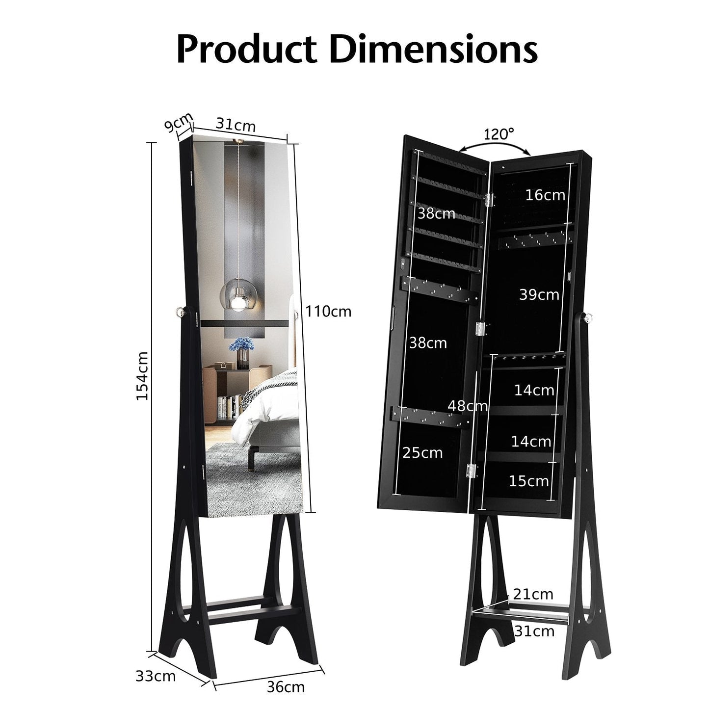 Freestanding Mirror Jewelry Cabinet with Full Length Frameless Mirror-Black