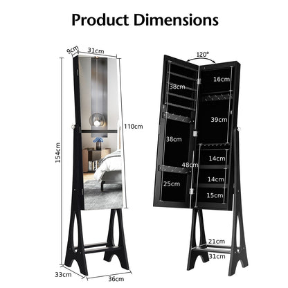 Freestanding Mirror Jewelry Cabinet with Full Length Frameless Mirror-Black