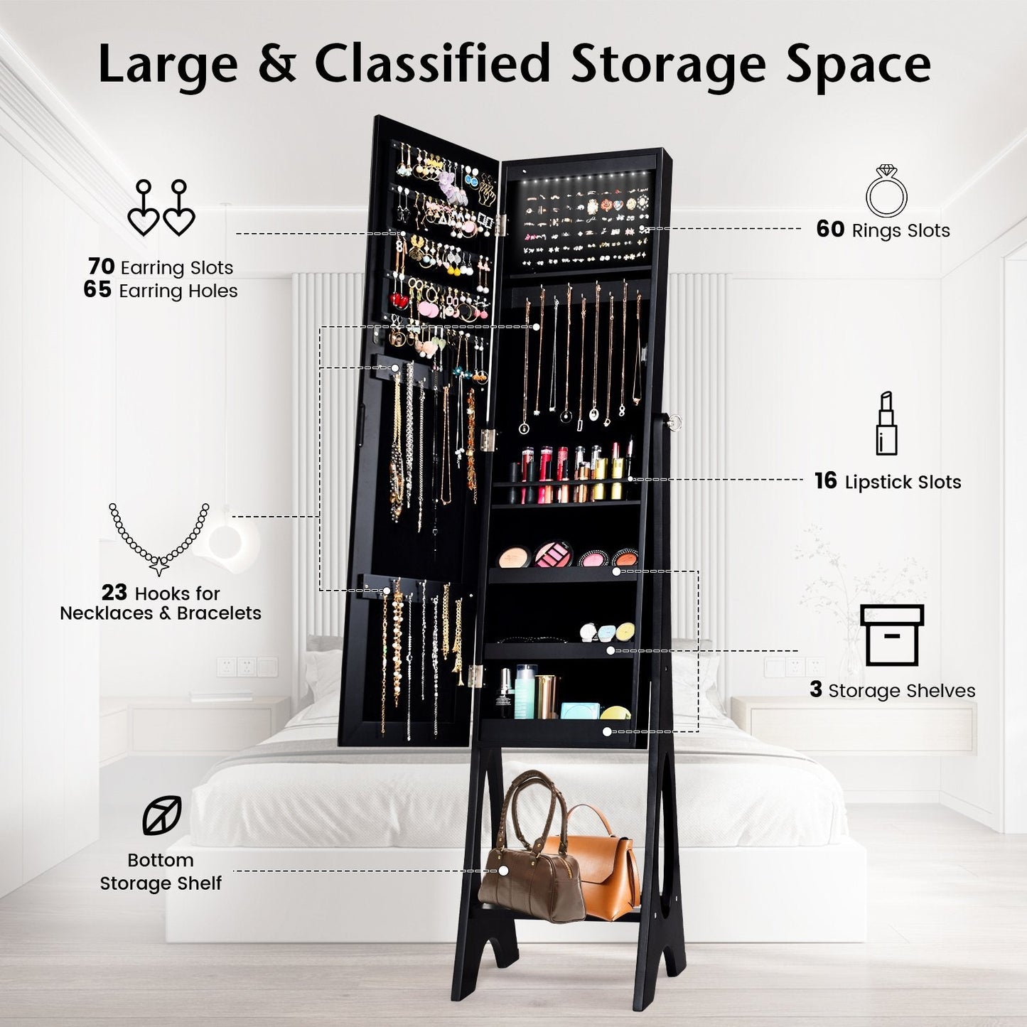 Freestanding Mirror Jewelry Cabinet with Full Length Frameless Mirror-Black