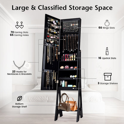 Freestanding Mirror Jewelry Cabinet with Full Length Frameless Mirror-Black