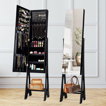 Freestanding Mirror Jewelry Cabinet with Full Length Frameless Mirror-Black