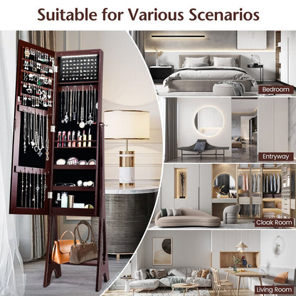 Freestanding Mirror Jewelry Cabinet with Full Length Frameless Mirror-Coffee