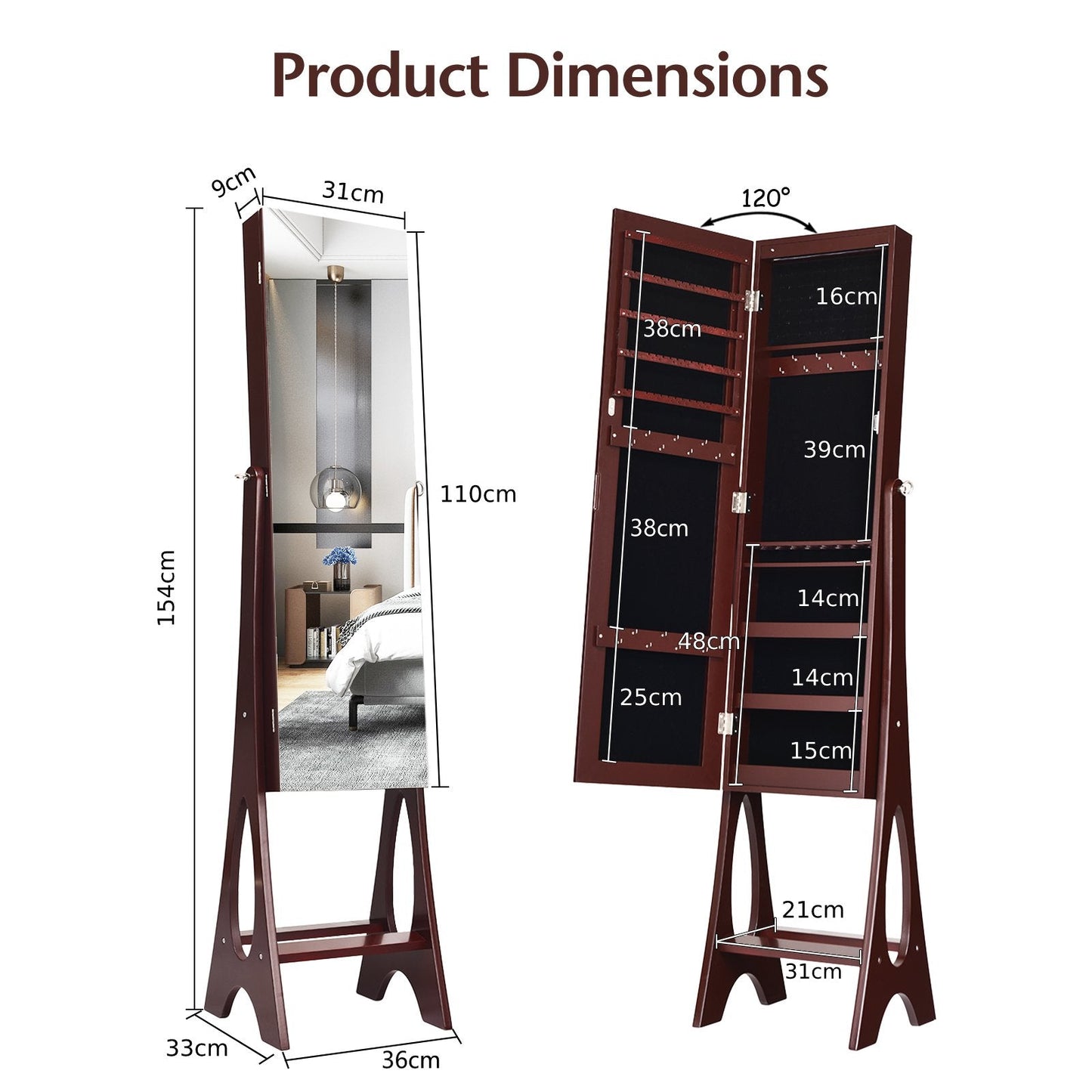 Freestanding Mirror Jewelry Cabinet with Full Length Frameless Mirror-Coffee