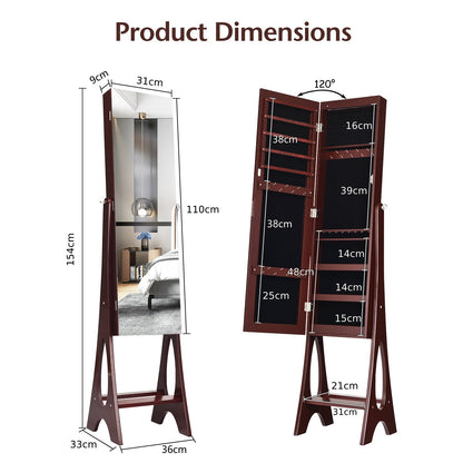 Freestanding Mirror Jewelry Cabinet with Full Length Frameless Mirror-Coffee