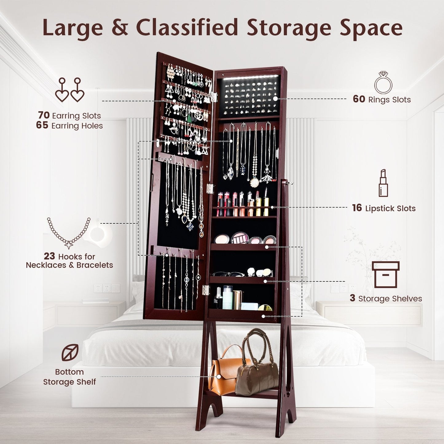 Freestanding Mirror Jewelry Cabinet with Full Length Frameless Mirror-Coffee