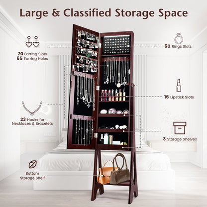 Freestanding Mirror Jewelry Cabinet with Full Length Frameless Mirror-Coffee