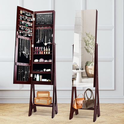 Freestanding Mirror Jewelry Cabinet with Full Length Frameless Mirror-Coffee