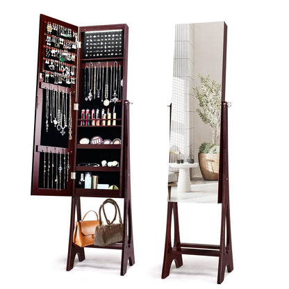 Freestanding Mirror Jewelry Cabinet with Full Length Frameless Mirror-Coffee