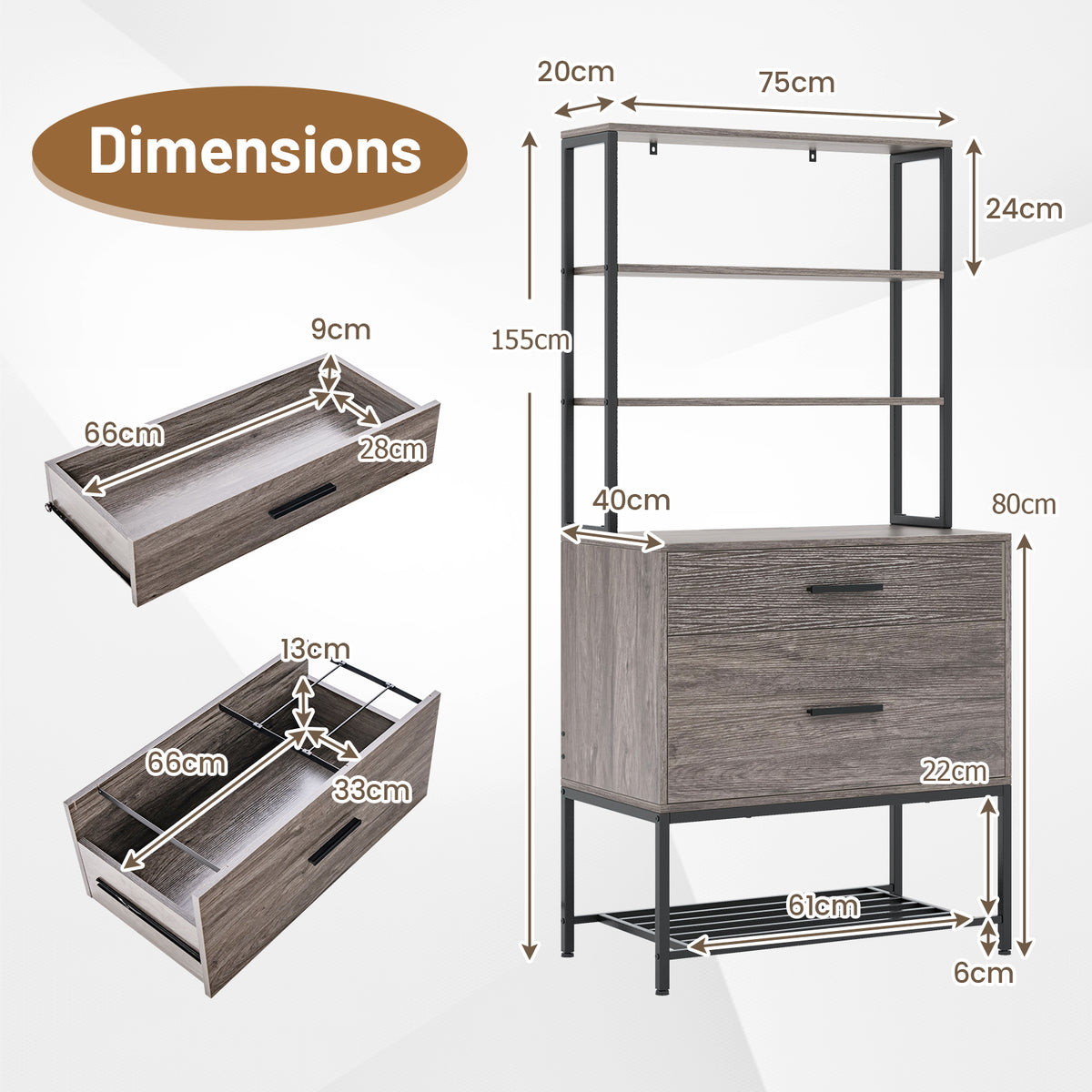 Freestanding Printer Stand with 3-Tier Open Shelves and Large Drawer-Grey