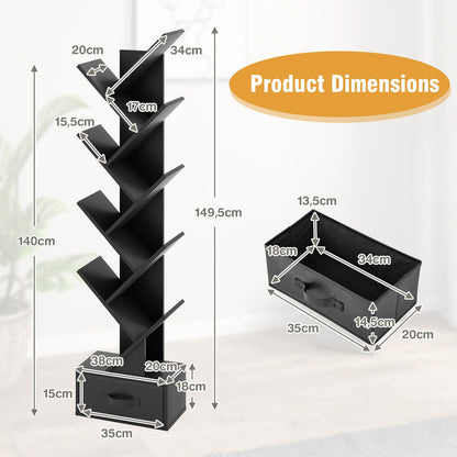 10-Tier Freestanding Tree Bookshelf with Drawer-Black