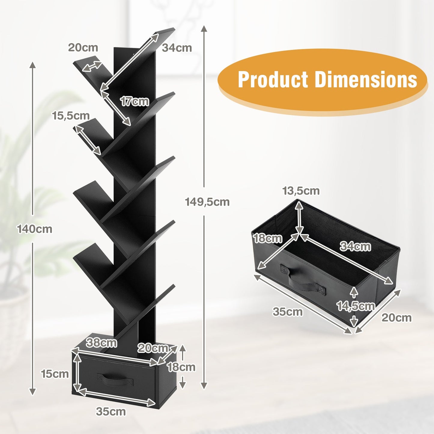 10-Tier Freestanding Tree Bookshelf with Drawer-Black