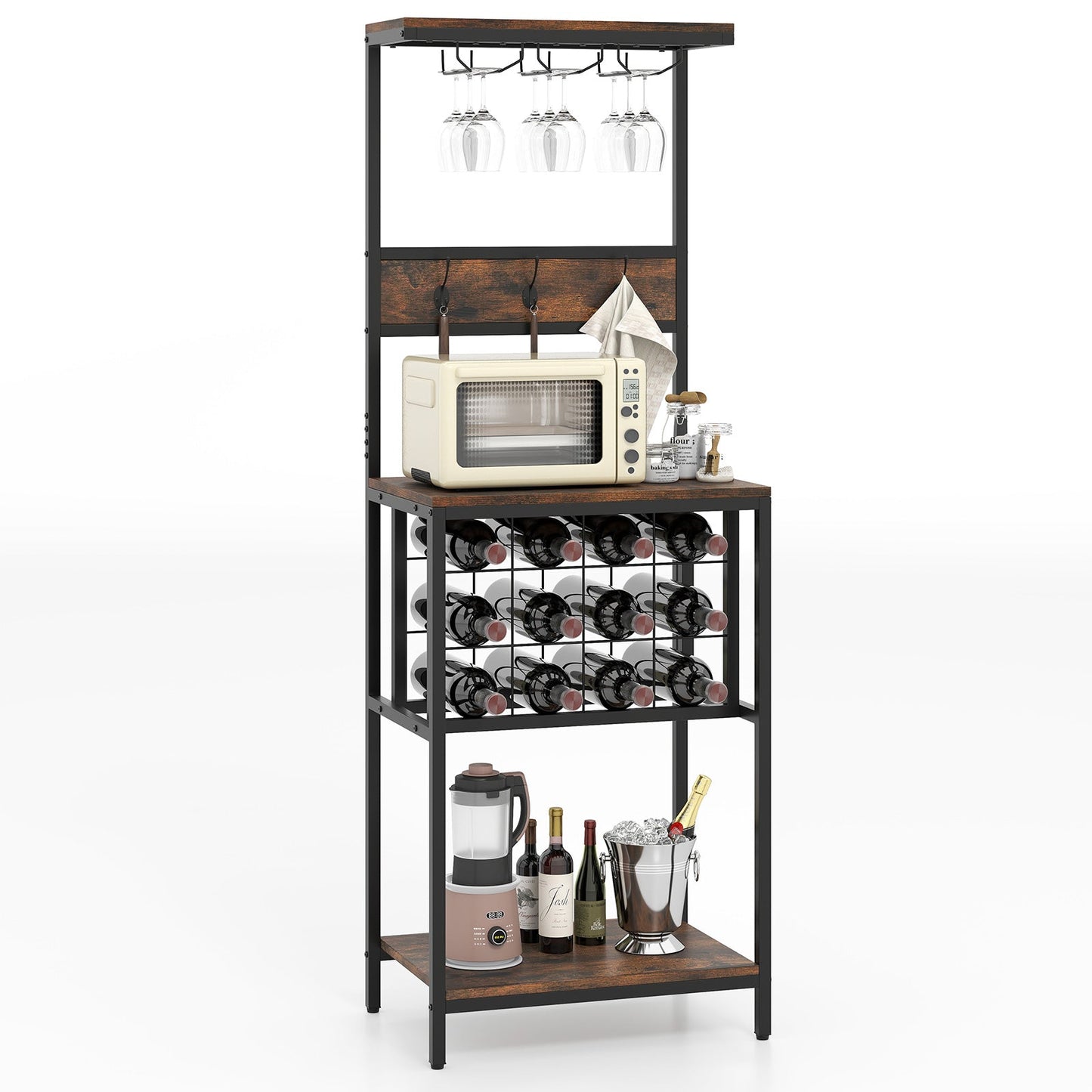 Floor Wine Bar Cabinet with Glass Racks and Wine Bottle Holders-Rustic Brown