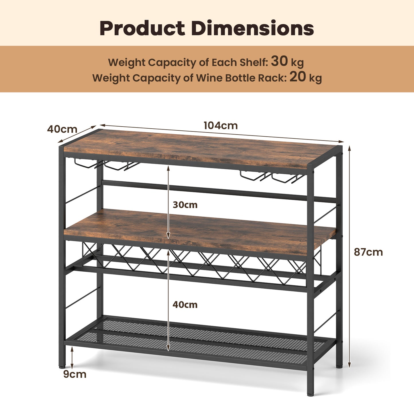 104 CM Wine Rack with 4 Glass Holders-Rustic Brown