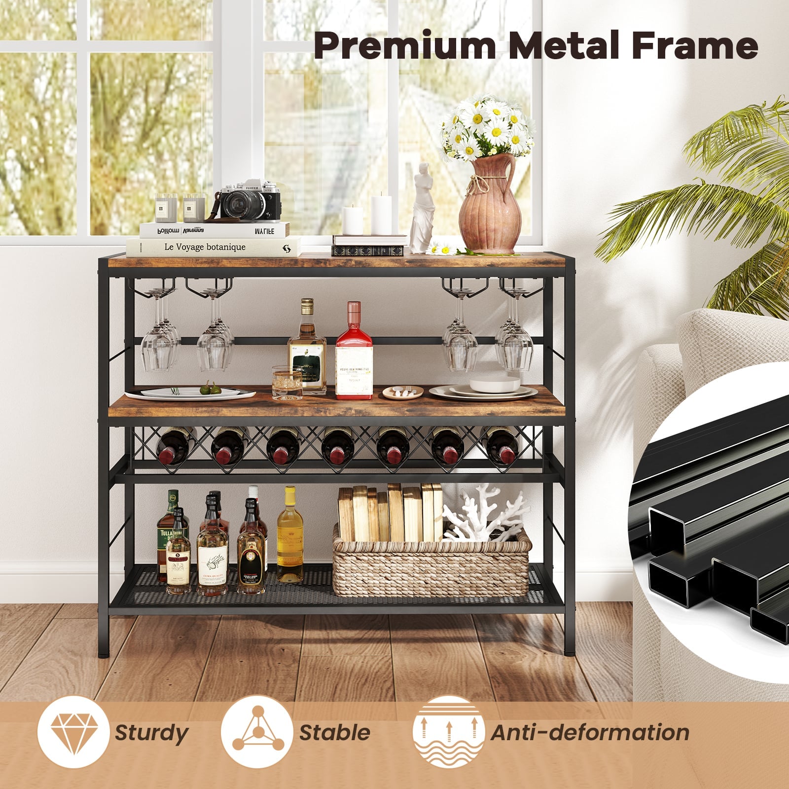 104 CM Wine Rack with 4 Glass Holders-Rustic Brown