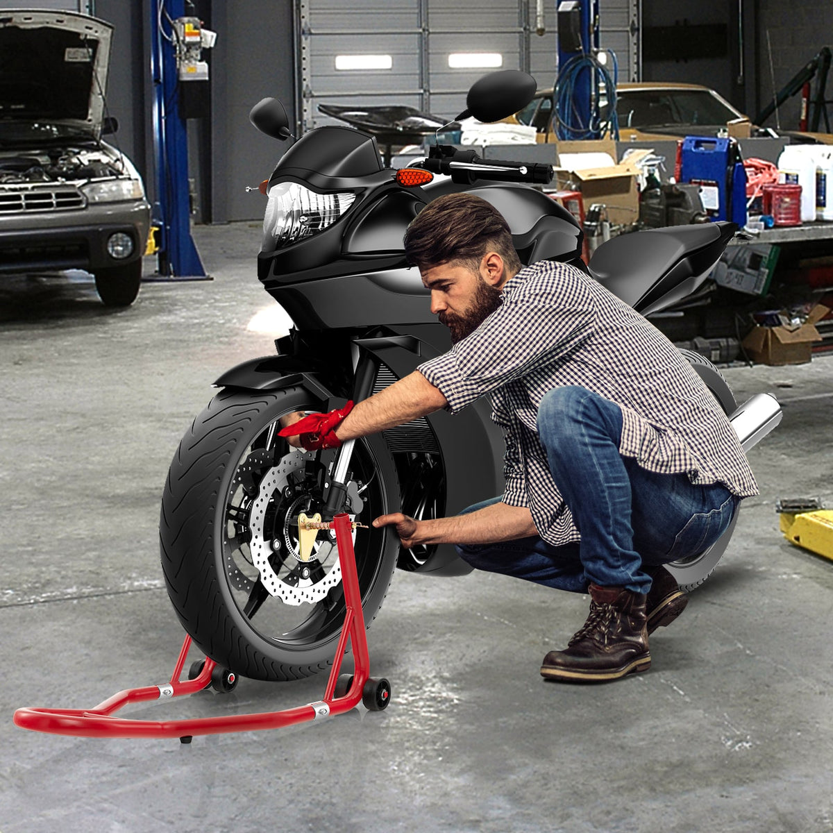 Front Wheel Motorcycle Stand with Stable Universal Design for Dirt Bike-Red
