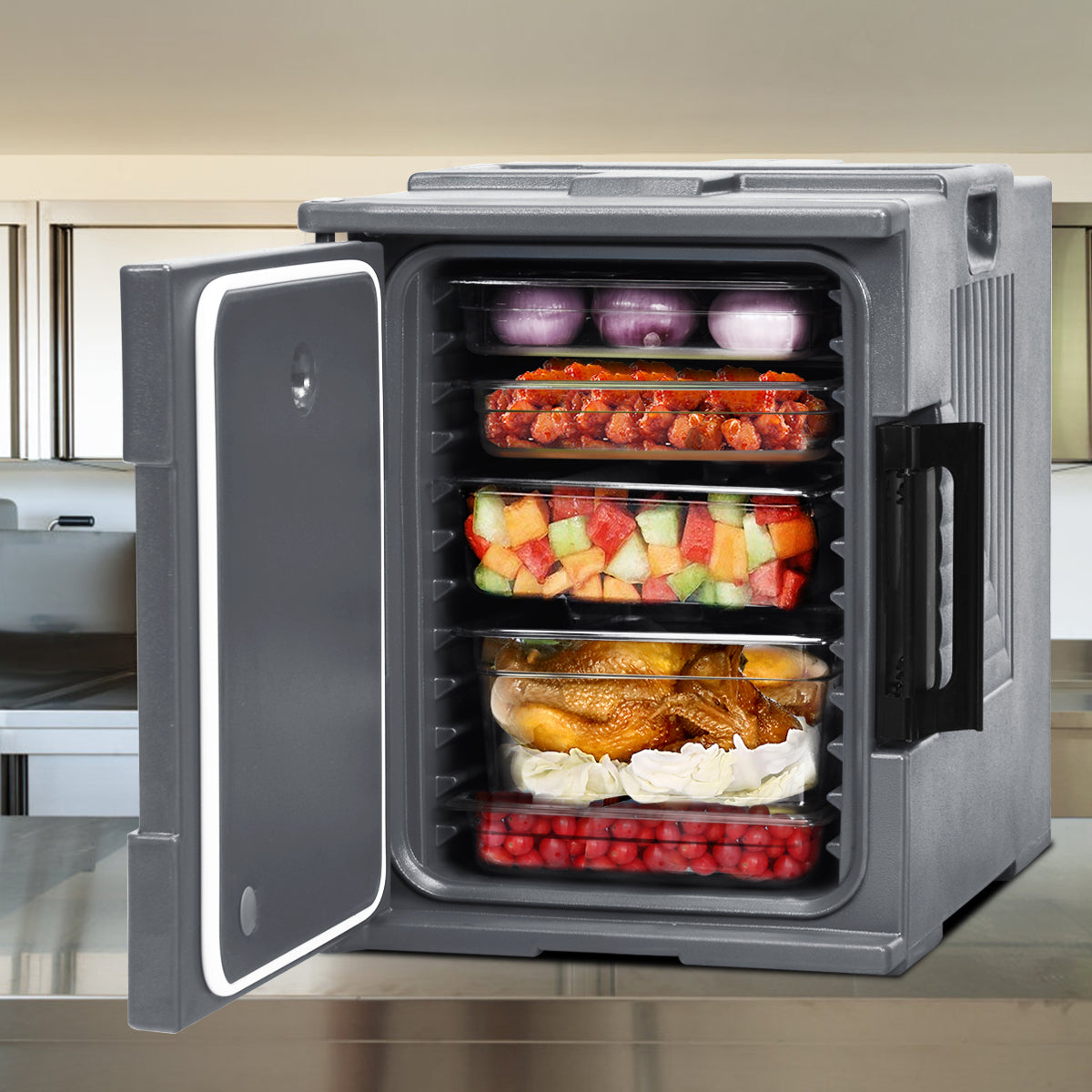 Front-Loading Insulated Food Pan Carrier for 6 Full-Size Pans-Grey