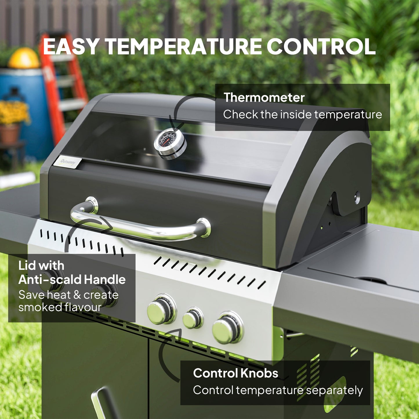 Grill gazowy Outsunny 4+1 z przezroczystą pokrywą, przenośny grill gazowy z wbudowanym termometrem, stolikiem bocznym, szafką, kółkami, tacką na tłuszcz do grillowania na przyjęciach ogrodowych na świeżym powietrzu, czarny