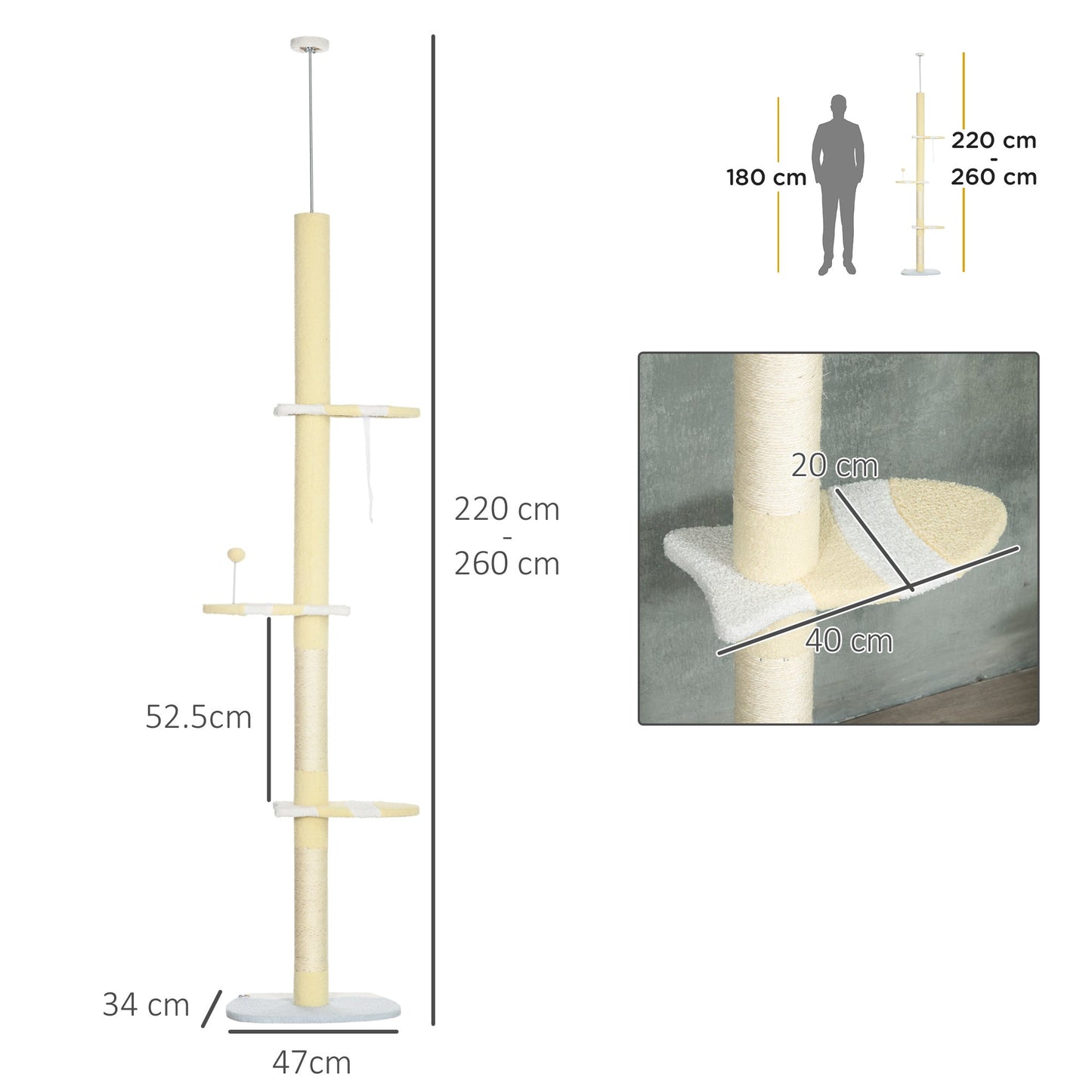 PawHut Cat Tower Cat Tree Cat Stand 260cm Floor to Ceiling, Height Adjustable with Anti-slip Kit and Scratching Post Ball Yellow