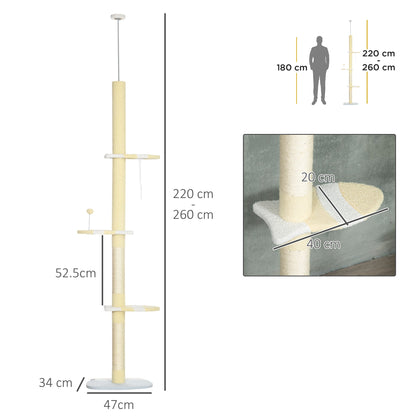 PawHut Cat Tower Cat Tree Cat Stand 260cm Floor to Ceiling, Height Adjustable with Anti-slip Kit and Scratching Post Ball Yellow