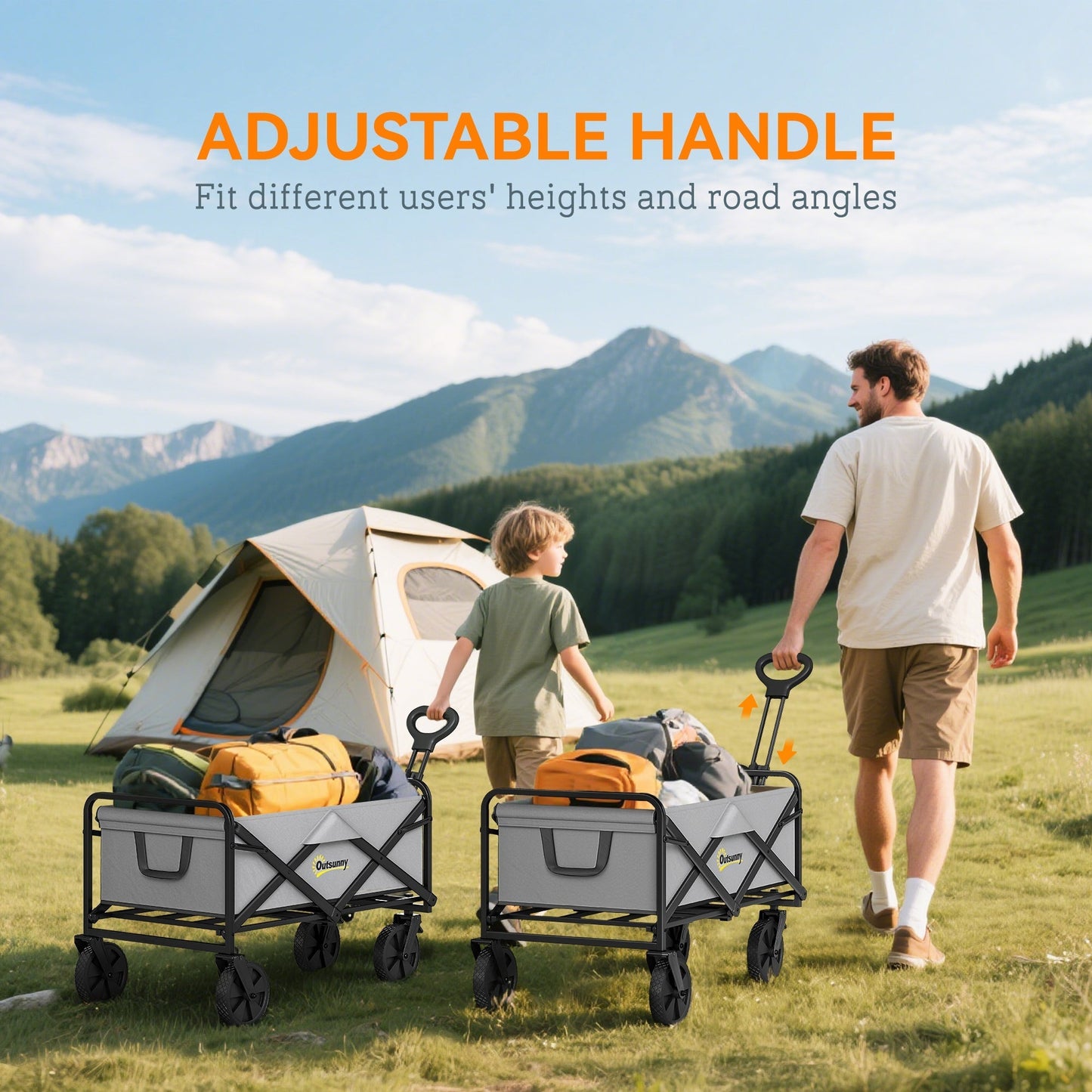 Outsunny Folding Pull Along Cart Cargo Wagon Trolley with Telescopic Handle - Dark Grey