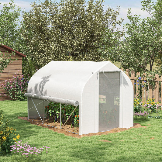 Outsunny 3 x 2(m) Tunel foliowy typu walk-in, ściany boczne zwijane na suwak, drzwi z siatki, 6 okien z siatki, namiot tunelowy z osłoną z polietylenu, bezpłatne etykiety na rośliny i rękawiczki, biały