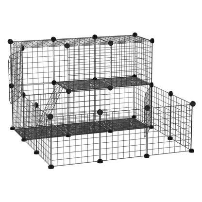 PawHut Pet Playpen، سياج قفص الحيوانات الصغيرة DIY، بيت قفص مكون من طابقين قابل للتخصيص، للأرنب شينشيلا القنفذ خنزير غينيا، بيت أسود