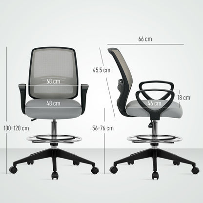 Vinsetto 100-120cm Draughtsman Office Chair, with Footrest - Light Grey