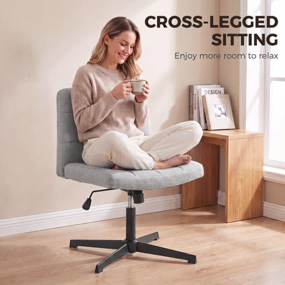 HOMCOM Armless Office Chair, Cross Legged Linen Computer Desk Vanity Chair with Wide Seat, Rocking Function, Grey