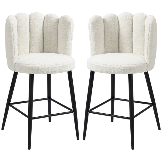 HOMCOM Bar Stools Set of 2, Faux Cashmere Upholstered Breakfast Bar Chairs, Modern Kitchen Stools with Backs, Footrest and Steel Base, Cream
